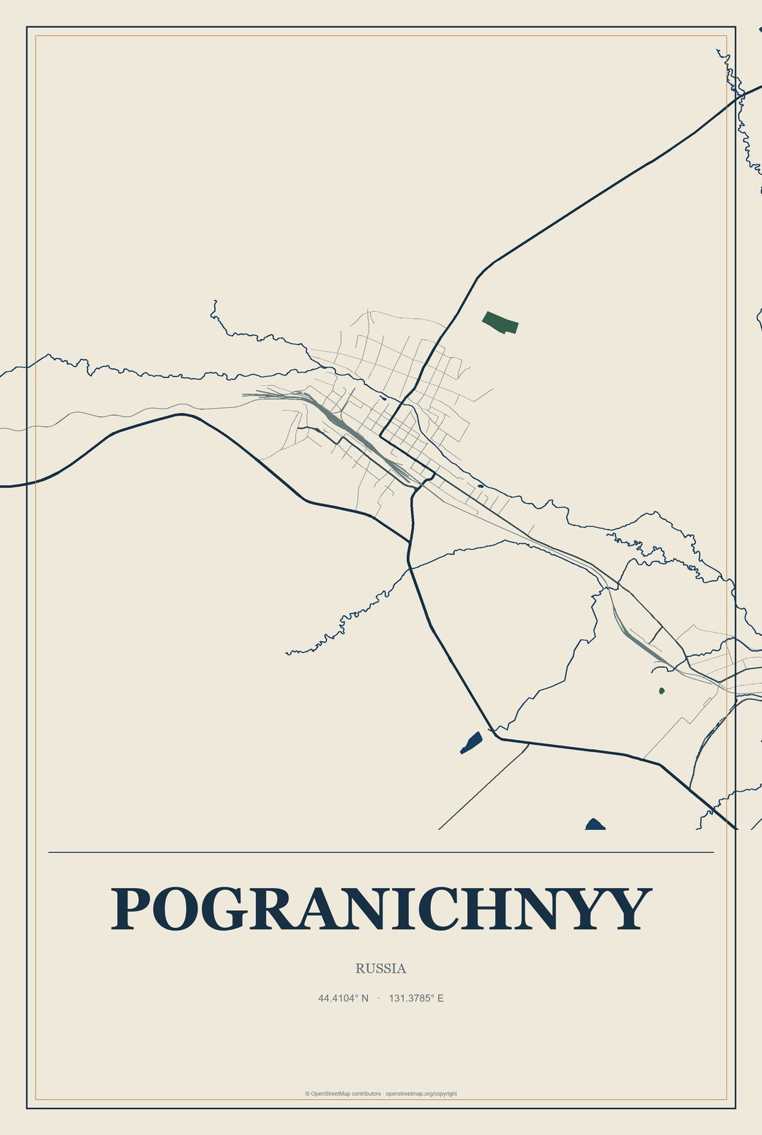 Pogranichnyy, Russia City Map Aluminum Sign in Coastal Cutout style