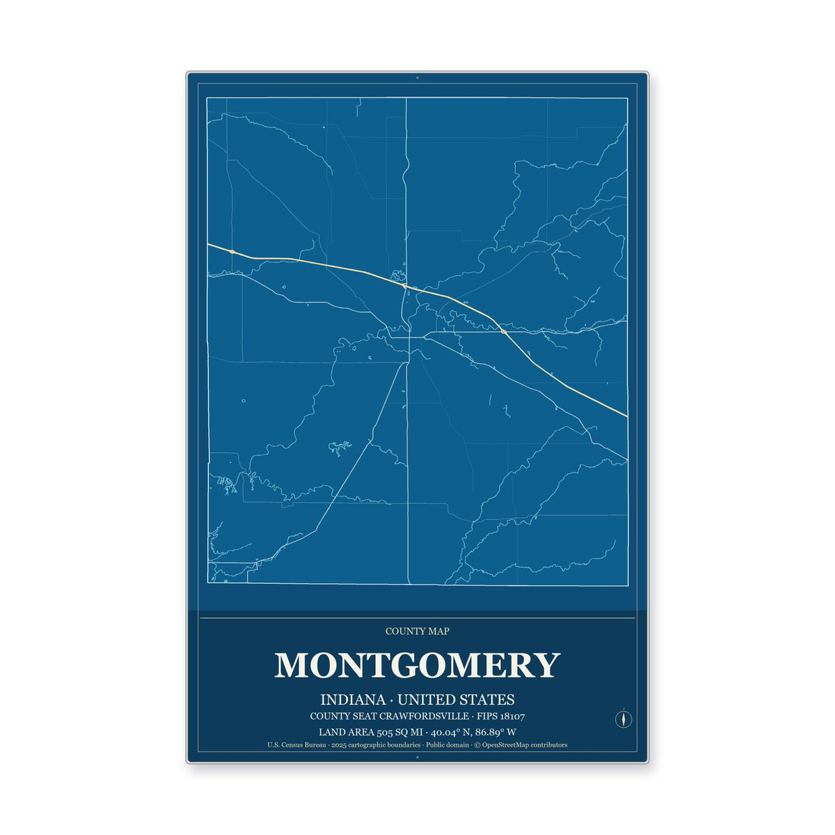 Montgomery County, Indiana Map Aluminum Sign in Harbor Cobalt style