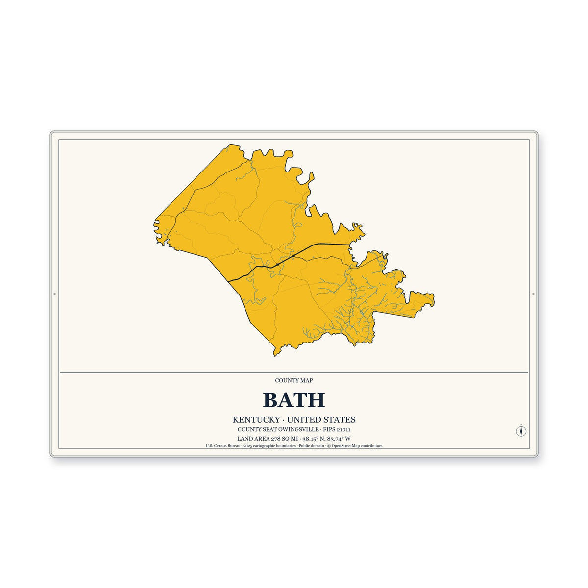 Bath County, Kentucky Map Aluminum Sign in Citrine Modern style