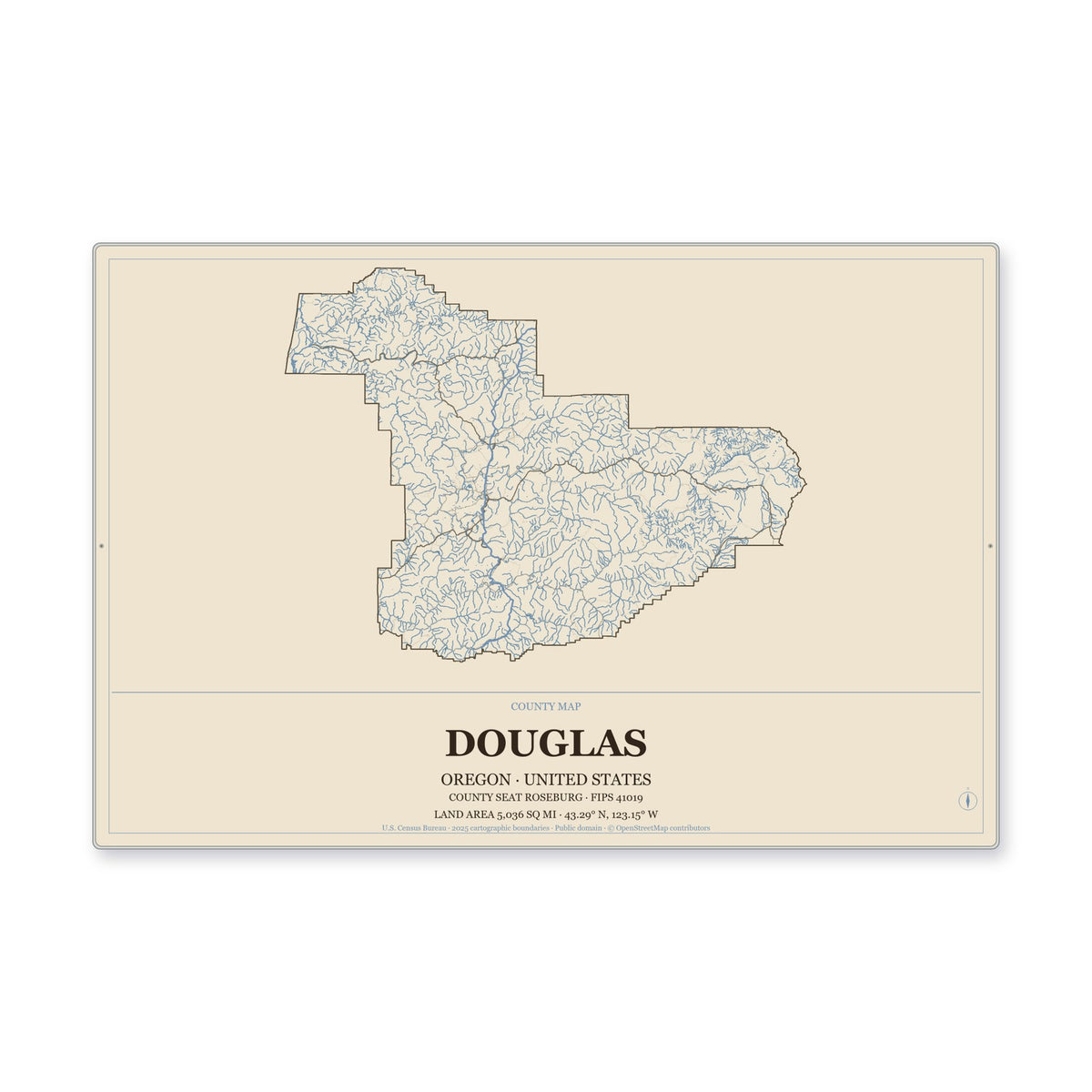 Douglas County, Oregon Map Aluminum Sign in Heritage Nautical style