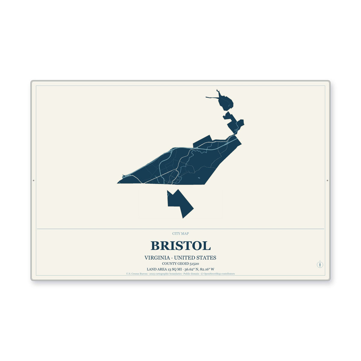 Bristol city, Virginia Map Aluminum Sign in Coastal Cutout style