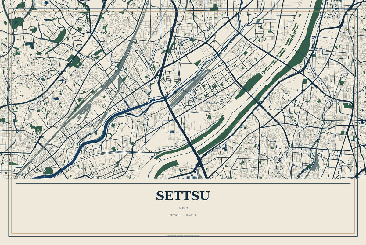 Settsu, Japan City Map Aluminum Sign in Coastal Cutout style