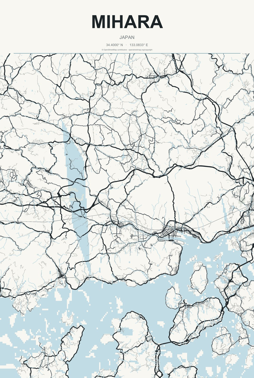 Mihara, Japan City Map Aluminum Sign in Headline Atlas style
