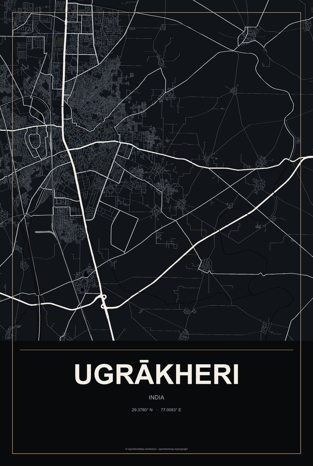 Ugrākheri, India City Map Aluminum Sign in Metropolitan Noir style