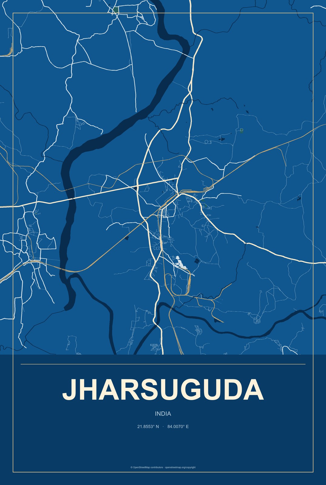 Jharsuguda, India City Map Aluminum Sign in Harbor Cobalt style