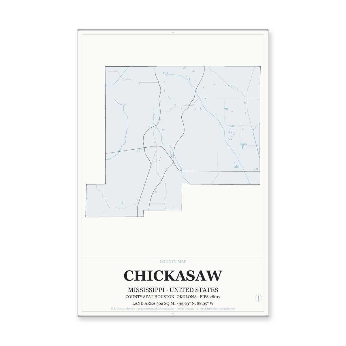 Chickasaw County, Mississippi Map Aluminum Sign in Gallery Air style