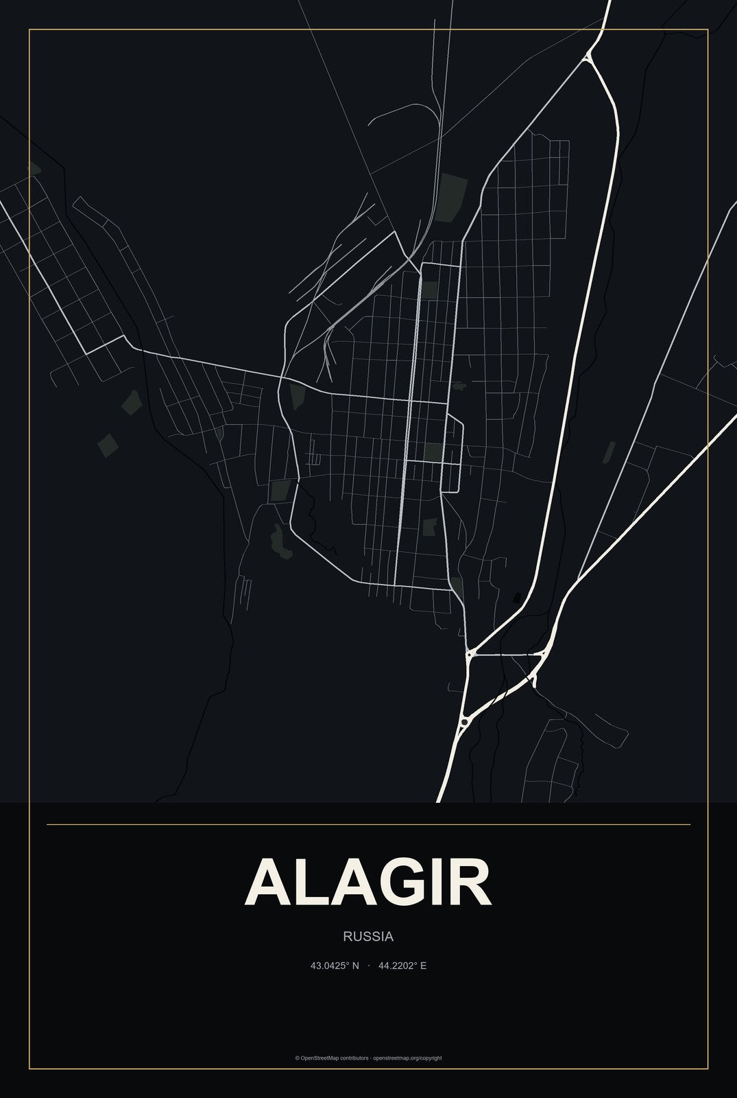 Alagir, Russia City Map Aluminum Sign in Metropolitan Noir style