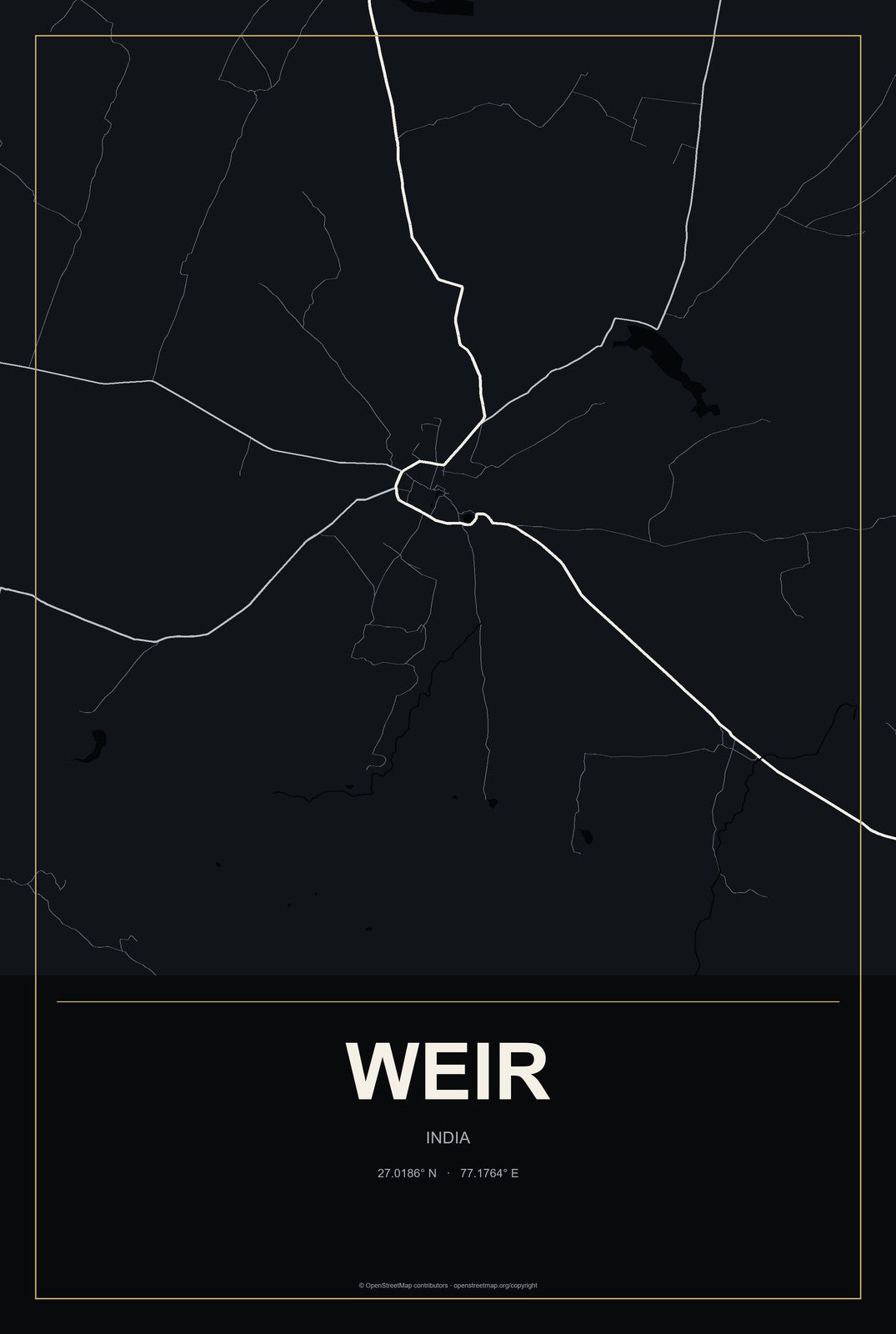 Weir, India City Map Aluminum Sign in Metropolitan Noir style