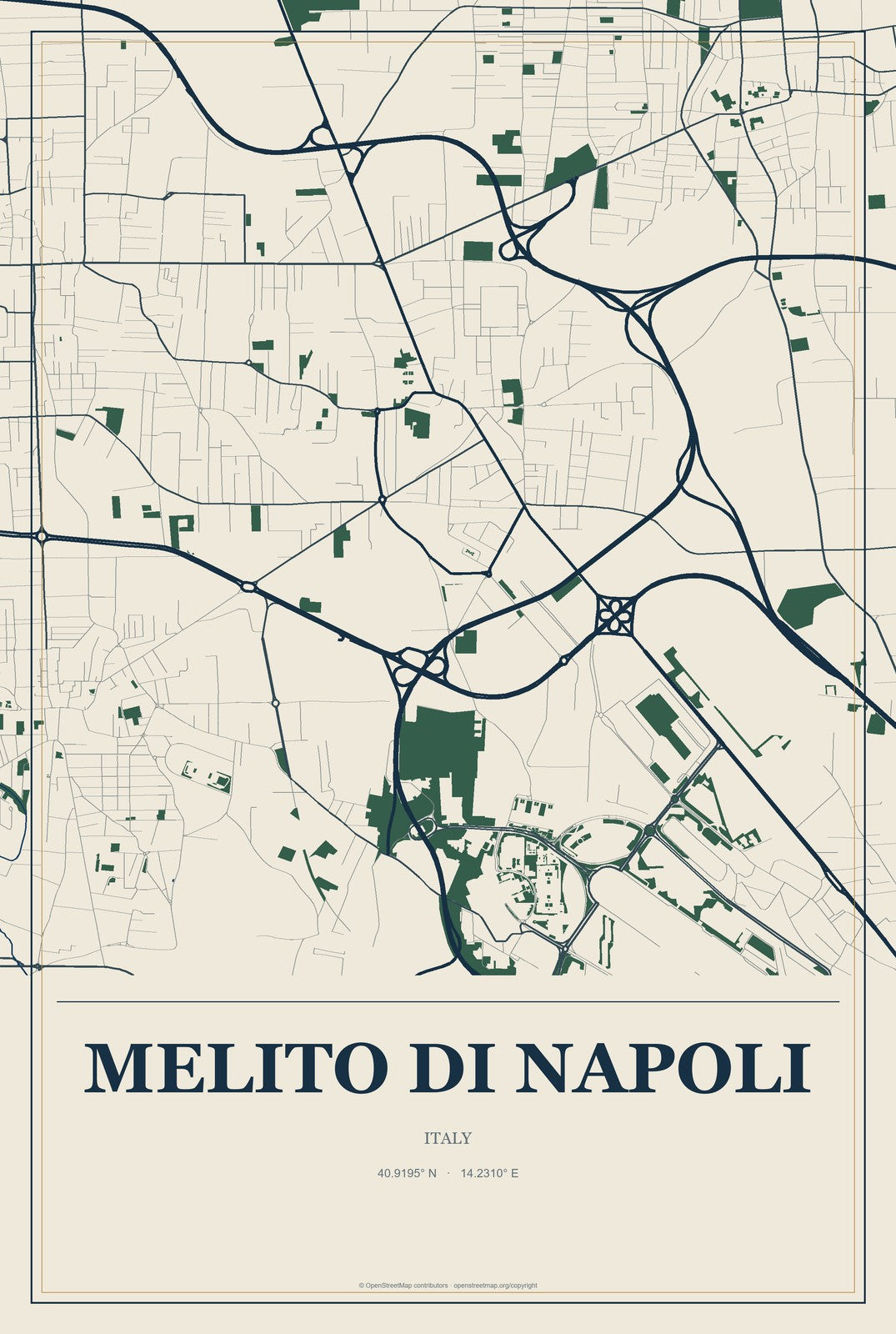 Melito di Napoli, Italy City Map Aluminum Sign in Coastal Cutout style