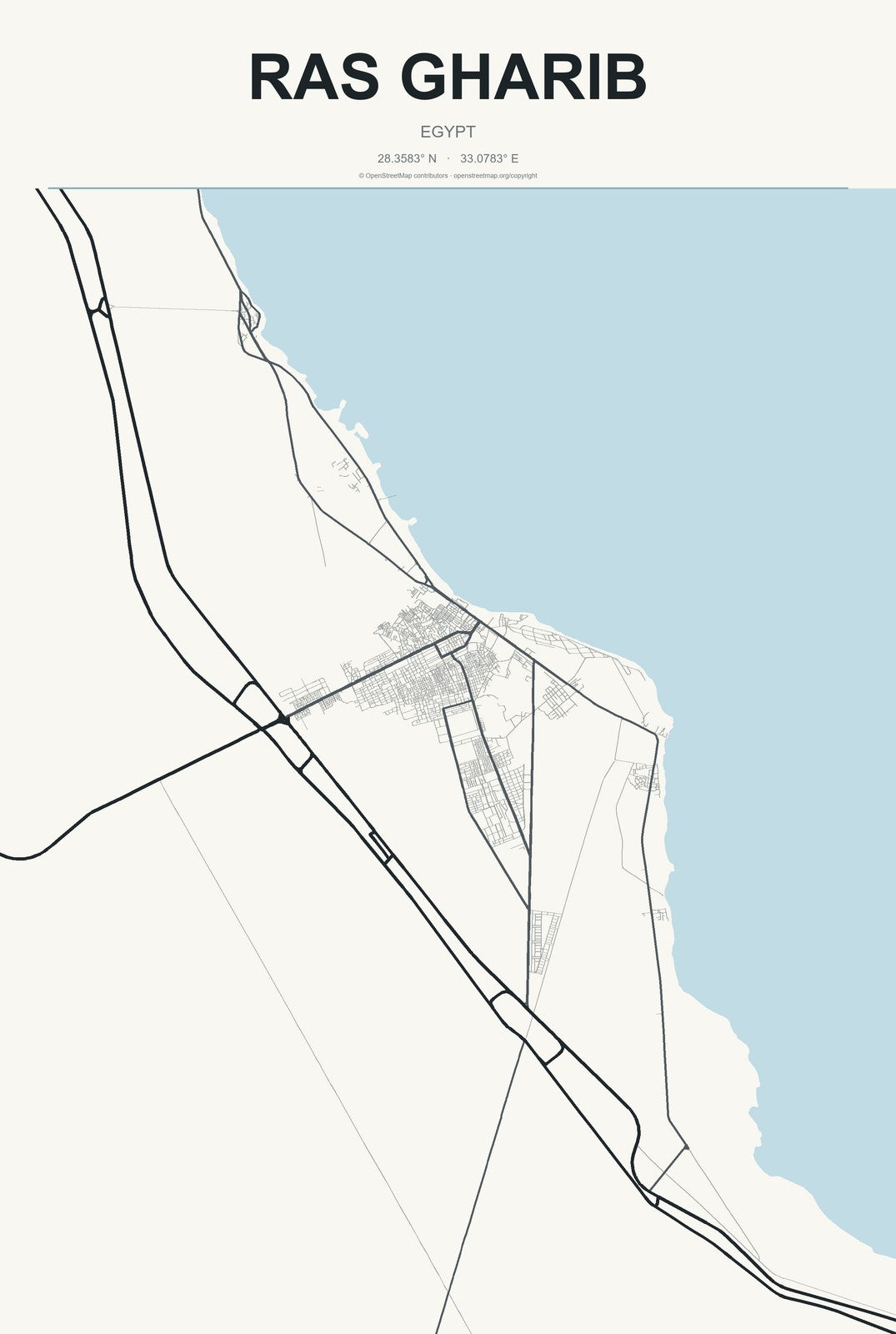Ras Gharib, Egypt City Map Aluminum Sign in Headline Atlas style