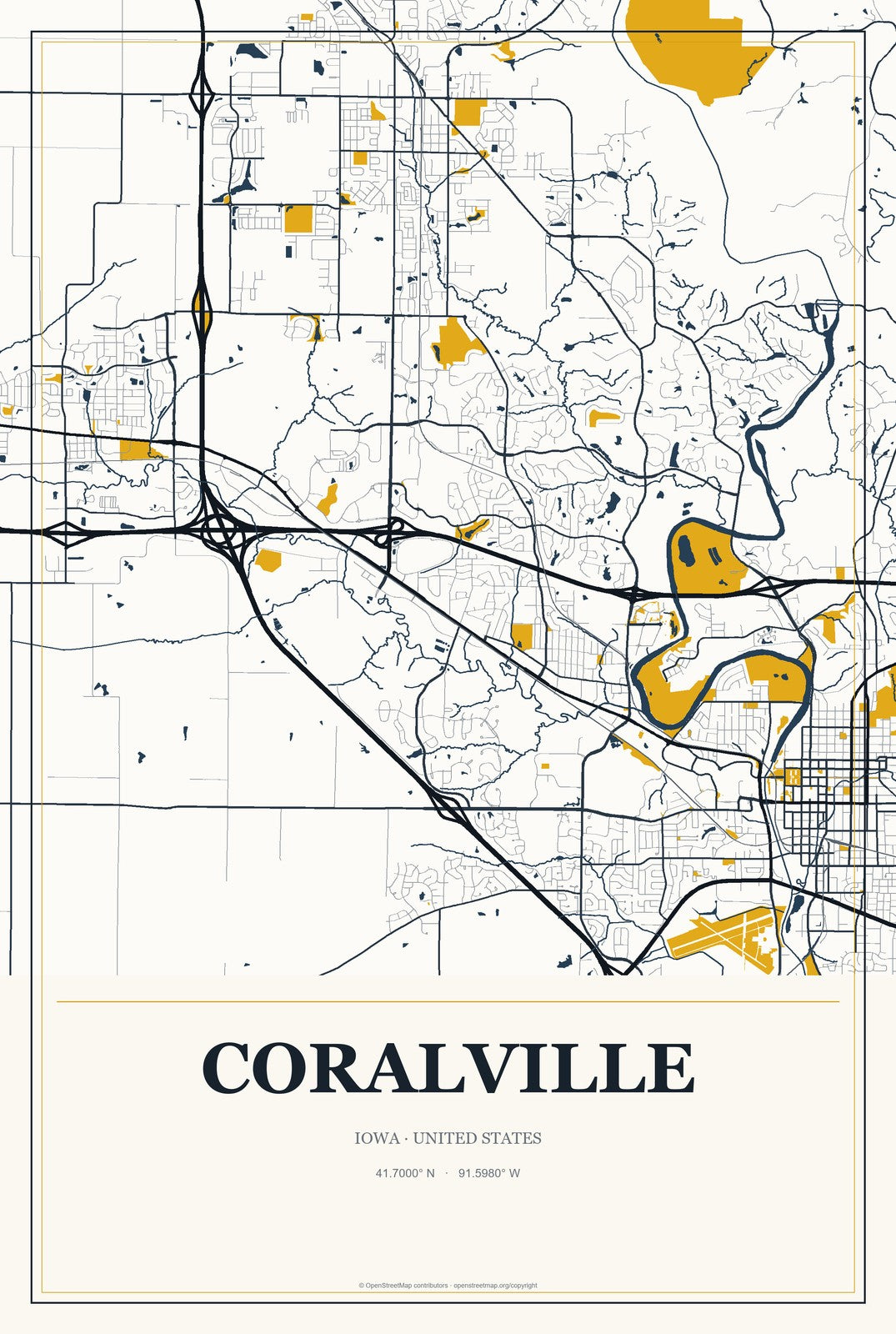 Coralville, Iowa City Map Aluminum Sign in Citrine Modern style