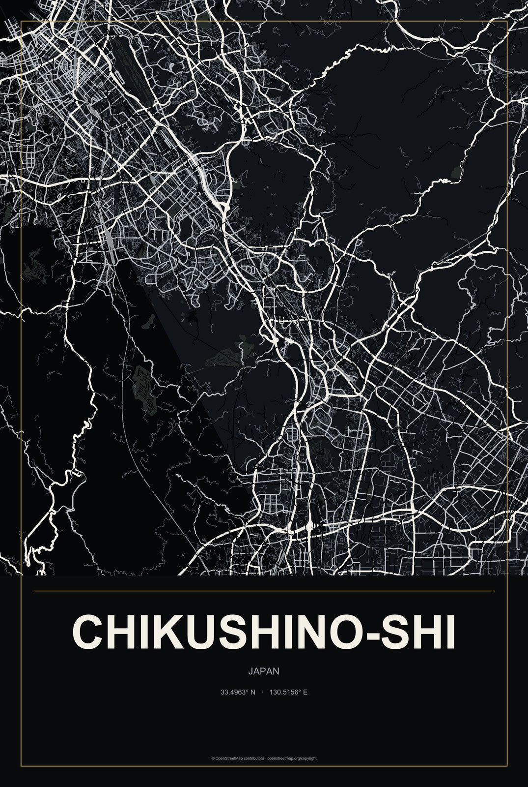 Chikushino-shi, Japan City Map Aluminum Sign in Metropolitan Noir style