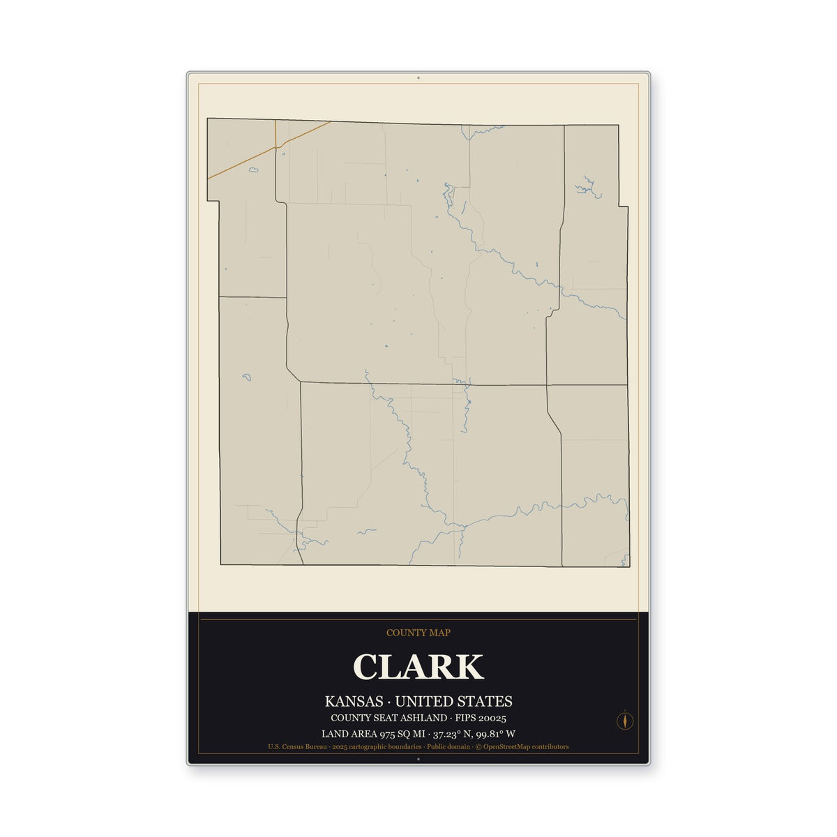 Clark County, Kansas Map Aluminum Sign in Museum Plaque style