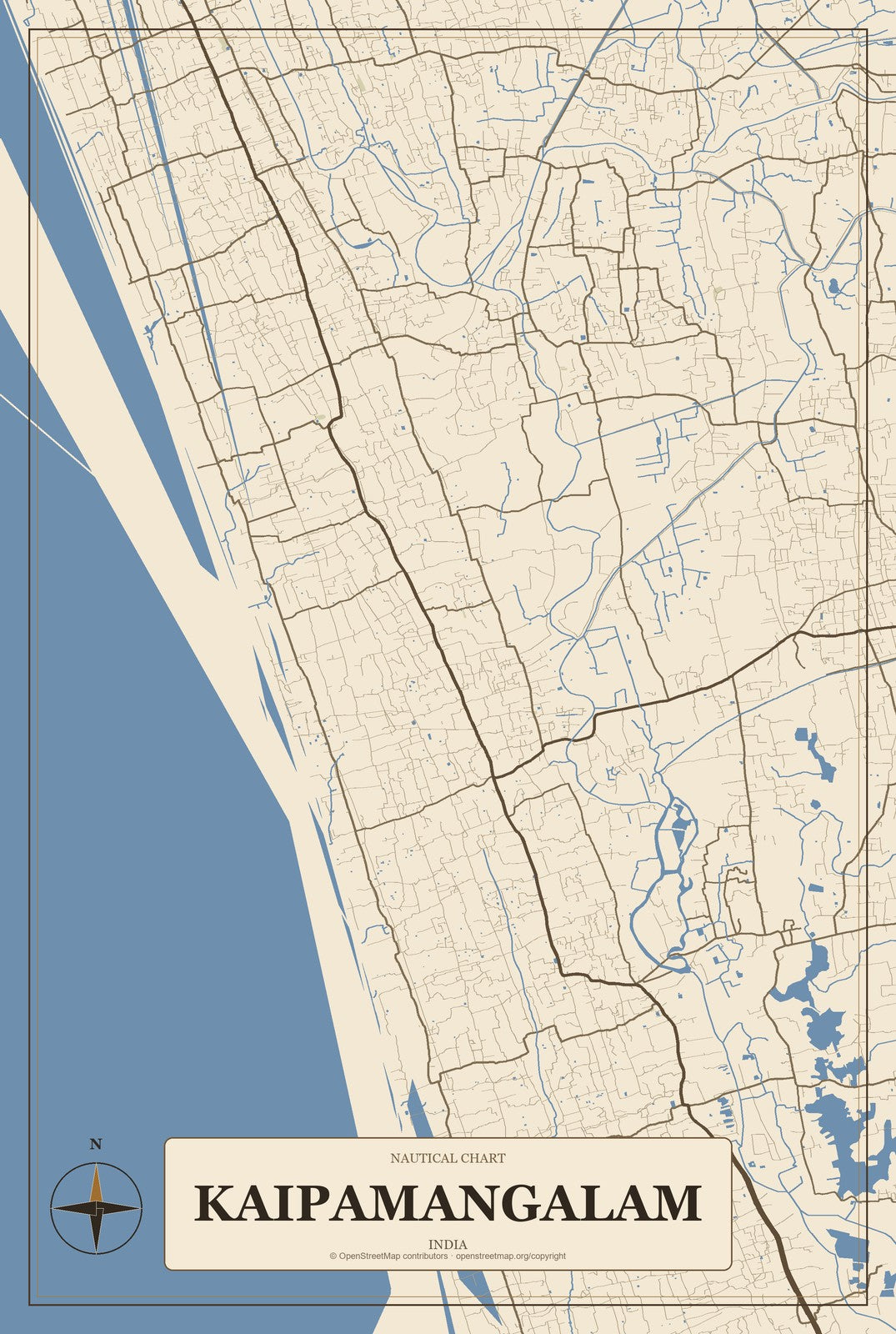 Kaipamangalam, India City Map Aluminum Sign in Heritage Nautical style