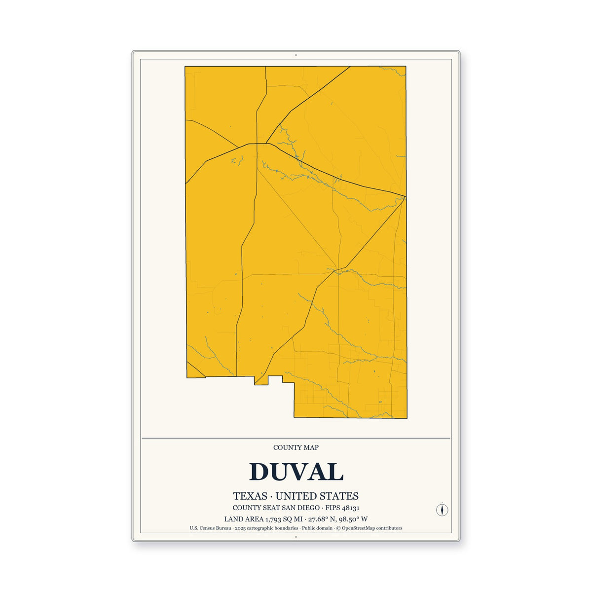 Duval County, Texas Map Aluminum Sign in Citrine Modern style