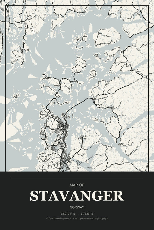 Stavanger, Norway City Map Aluminum Sign in Museum Plaque style