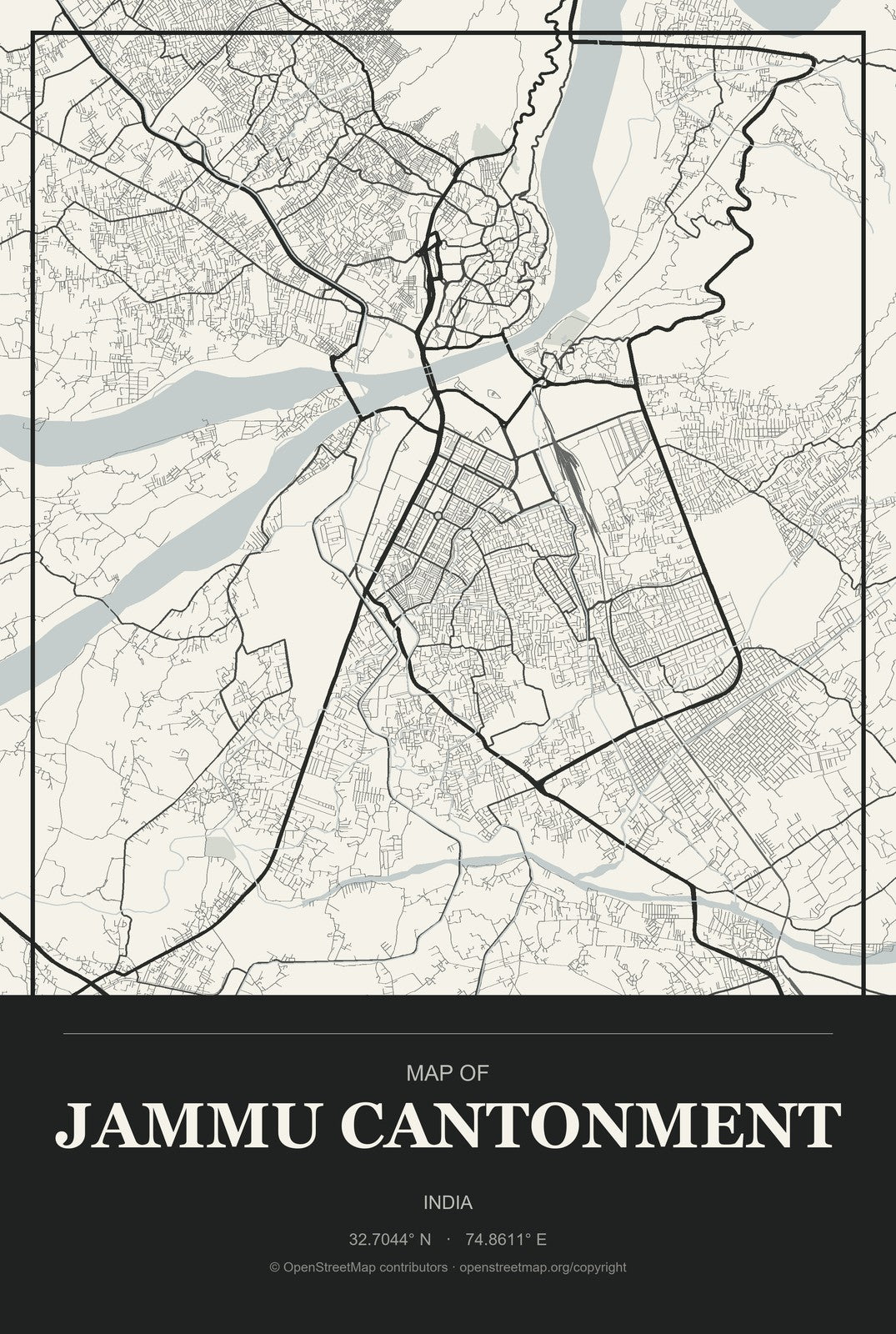 Jammu Cantonment, India City Map Aluminum Sign in Museum Plaque style