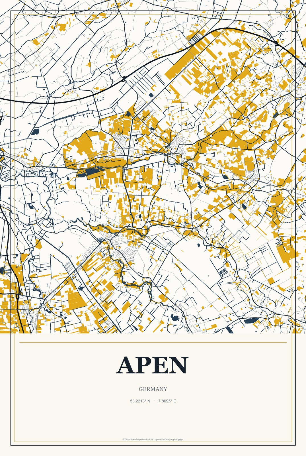 Apen, Germany City Map Aluminum Sign in Citrine Modern style
