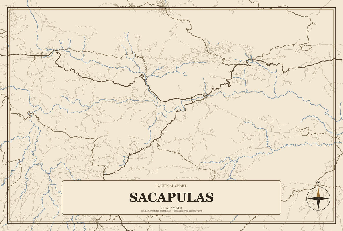 Sacapulas, Guatemala City Map Aluminum Sign in Heritage Nautical style