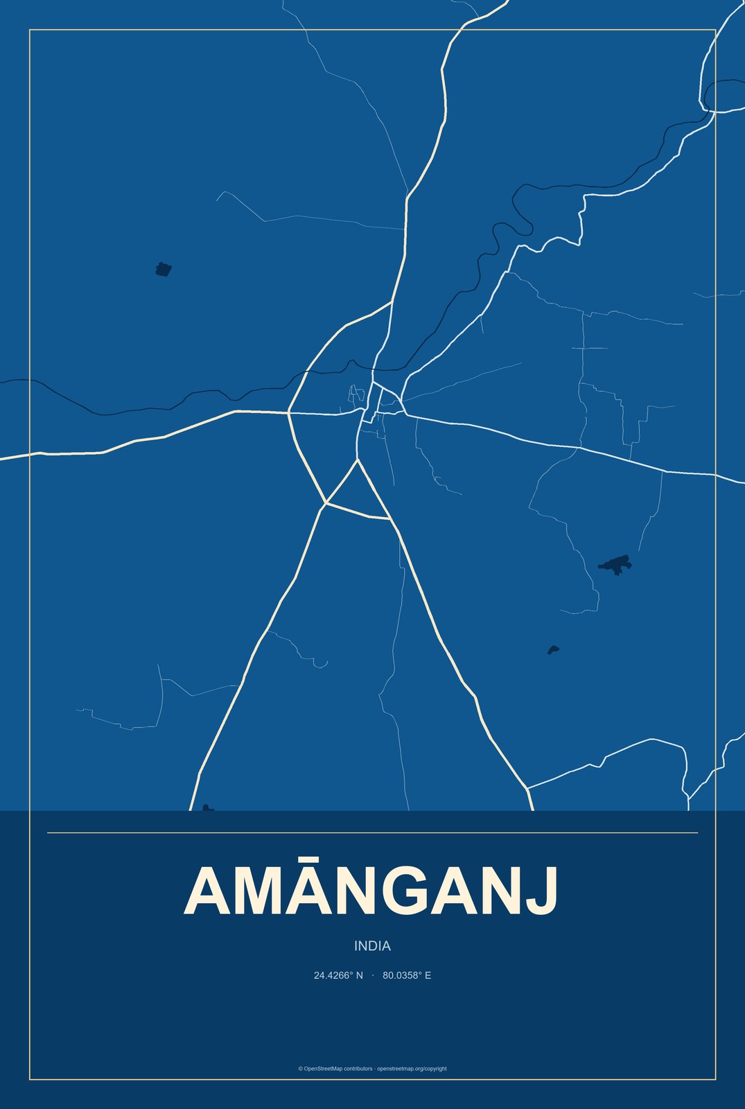 Amānganj, India City Map Aluminum Sign in Harbor Cobalt style