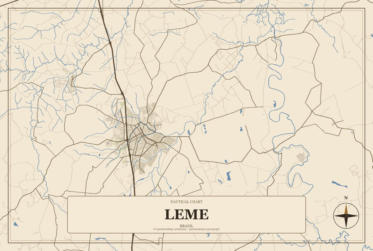 Leme, São Paulo, Brazil City Map Aluminum Sign in Heritage Nautical style