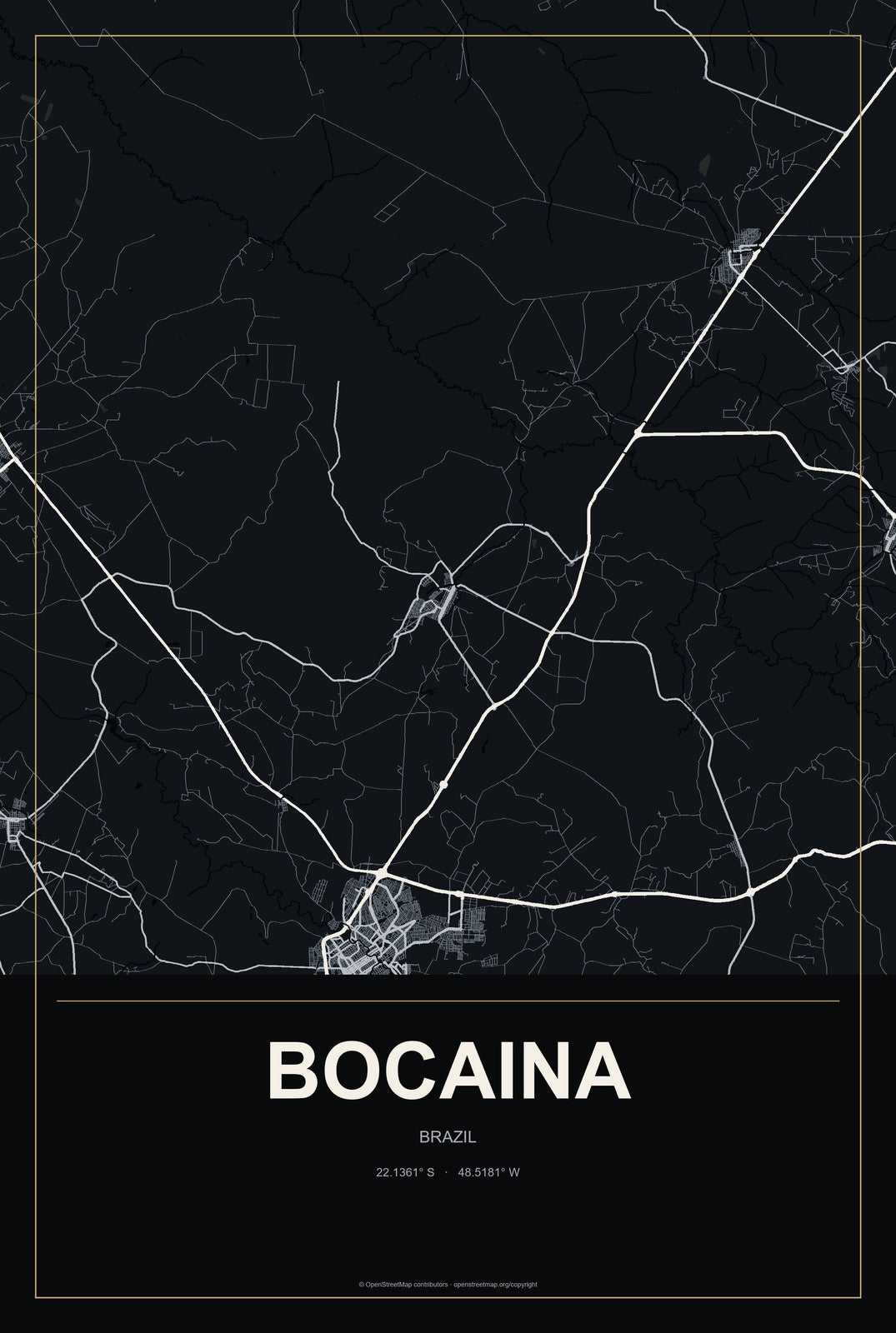 Bocaina, Brazil City Map Aluminum Sign in Metropolitan Noir style