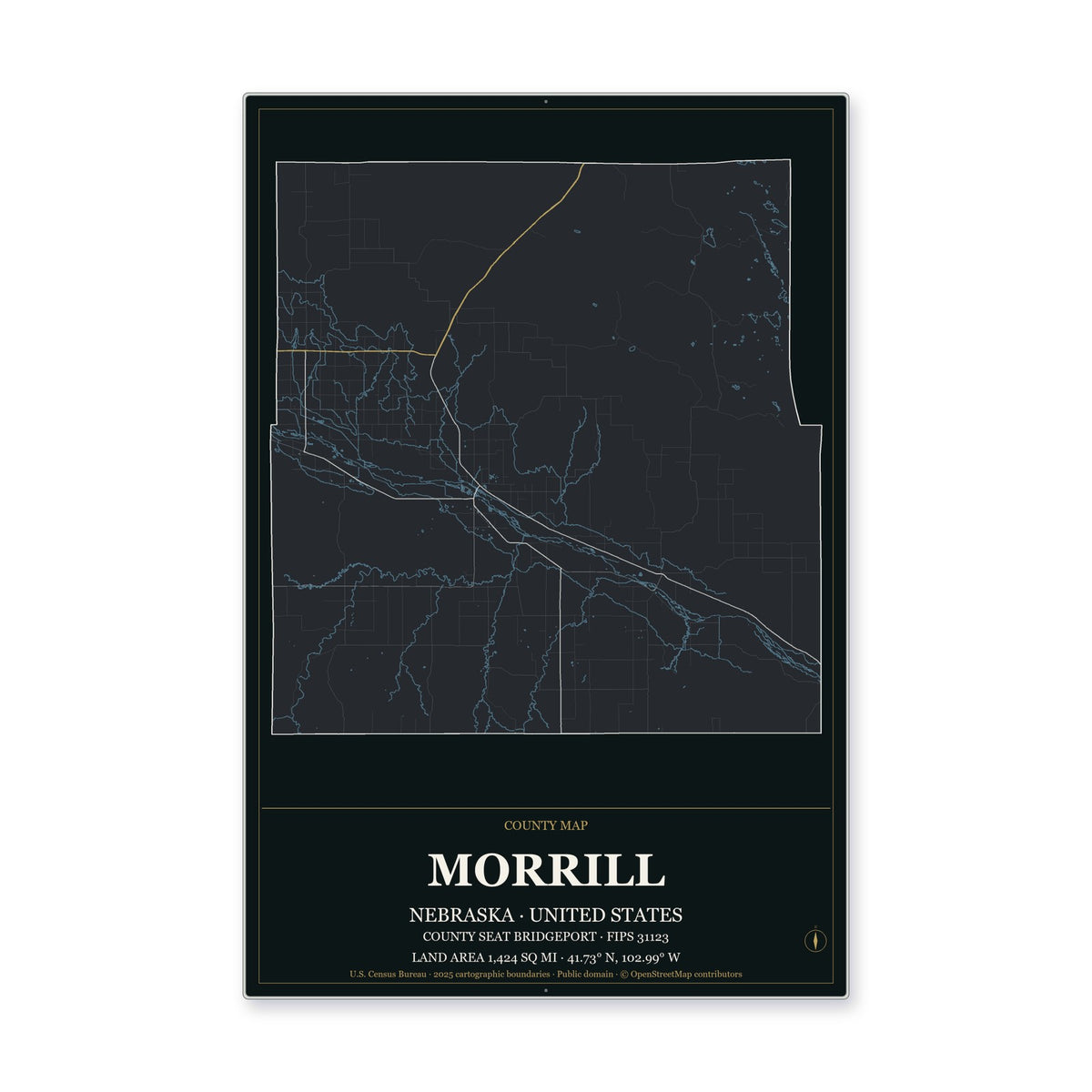 Morrill County, Nebraska Map Aluminum Sign in Metropolitan Noir style
