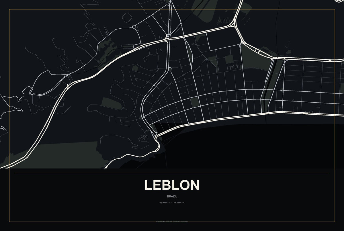 Leblon, Brazil City Map Aluminum Sign in Metropolitan Noir style