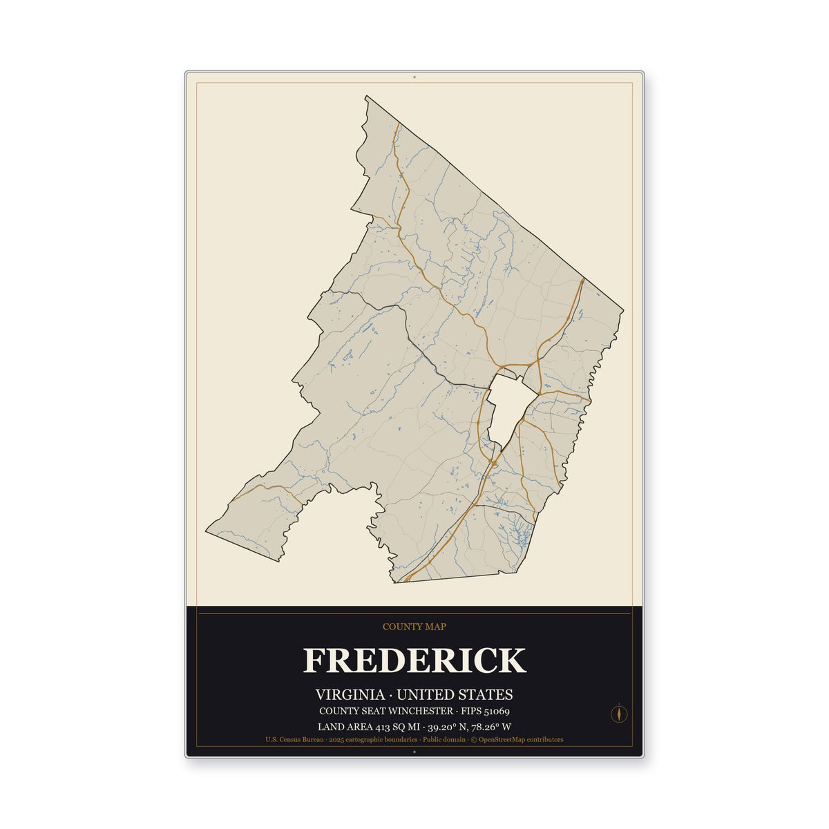 Frederick County, Virginia Map Aluminum Sign in Museum Plaque style