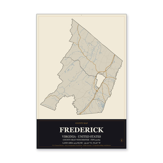 Frederick County, Virginia Map Aluminum Sign in Museum Plaque style