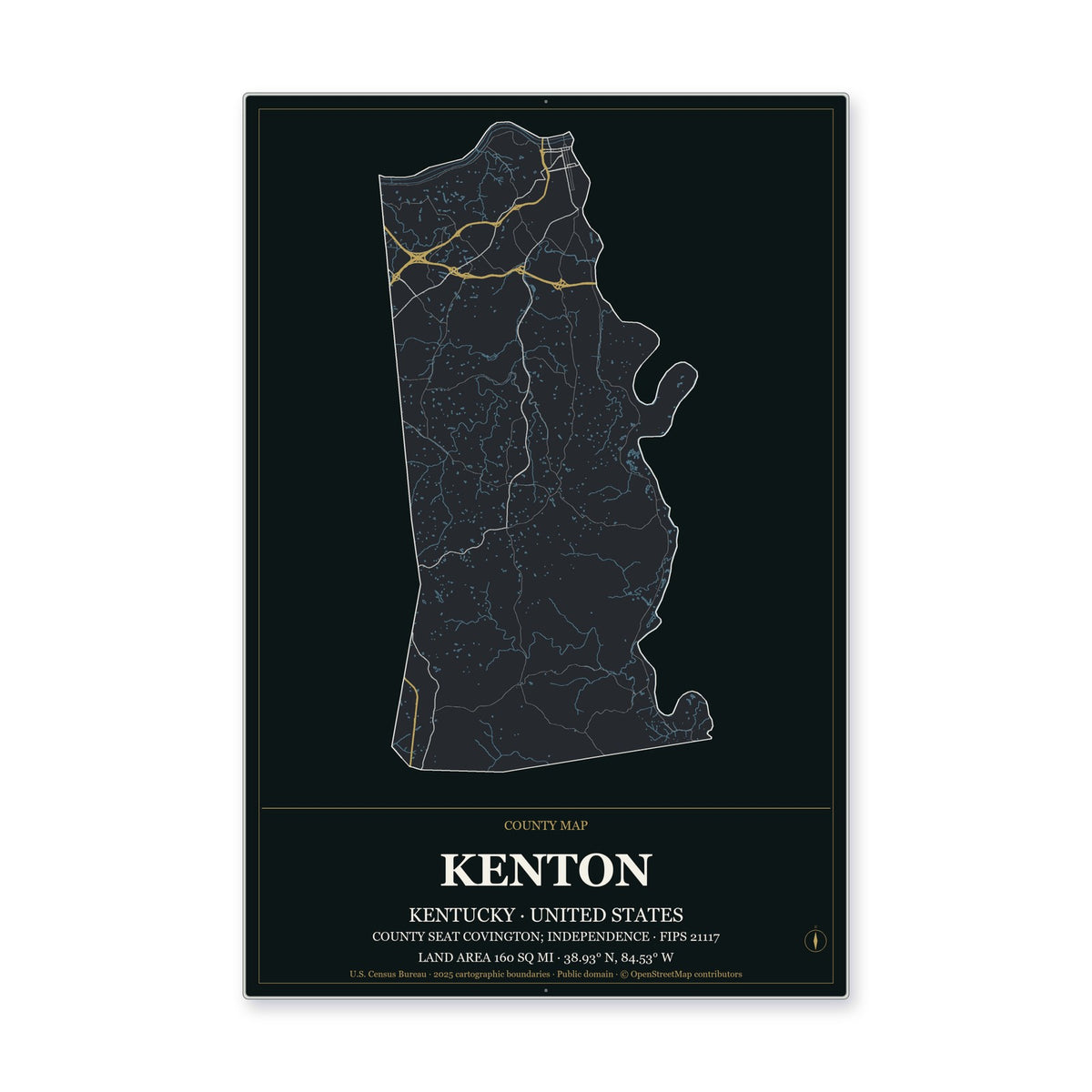 Kenton County, Kentucky Map Aluminum Sign in Metropolitan Noir style