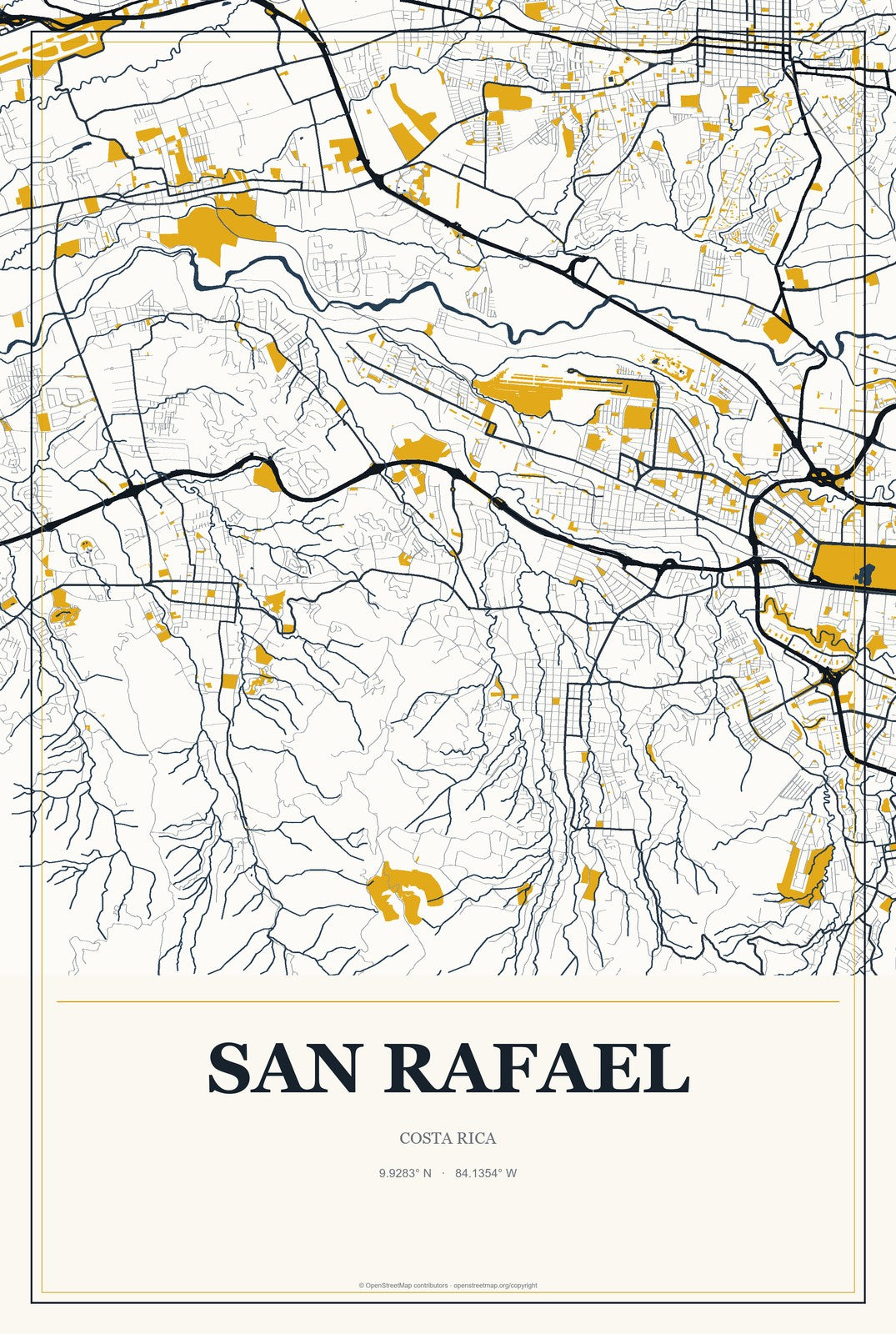 San Rafael, Costa Rica City Map Aluminum Sign in Citrine Modern style