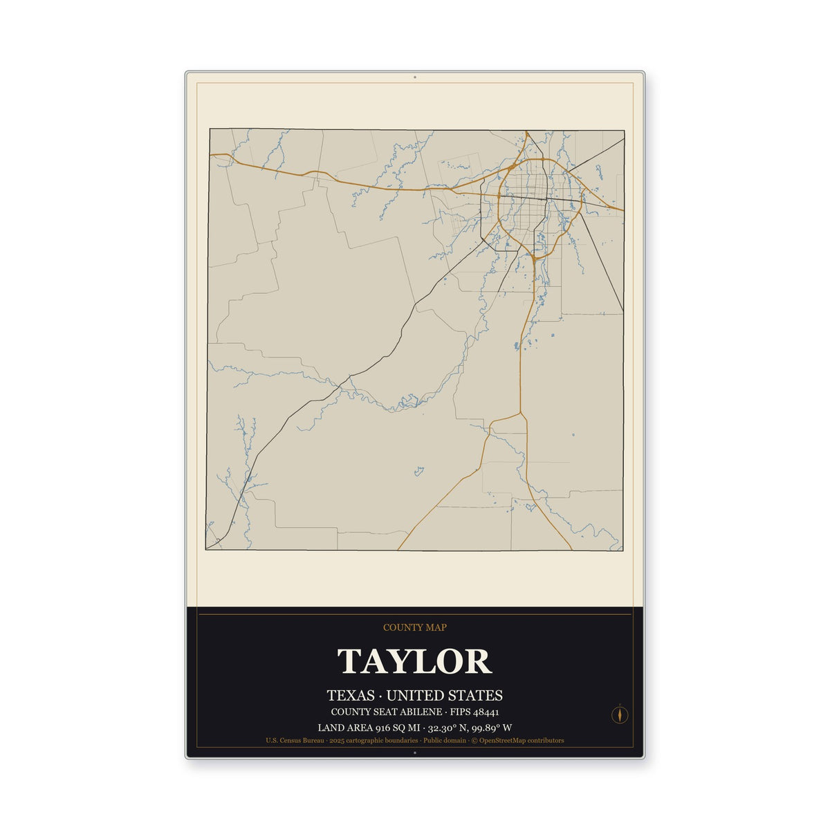 Taylor County, Texas Map Aluminum Sign in Museum Plaque style