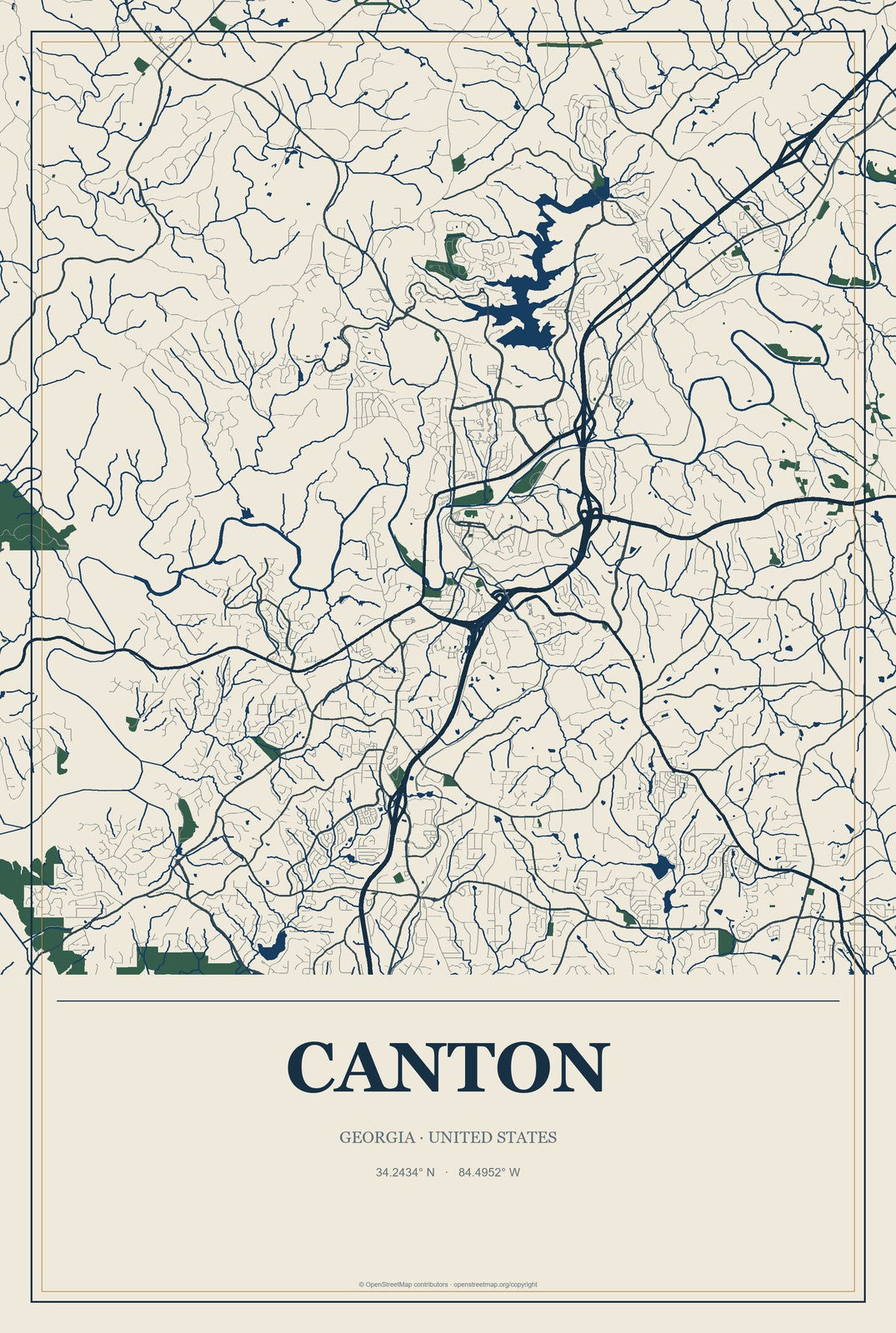 Canton, Georgia City Map Aluminum Sign in Coastal Cutout style