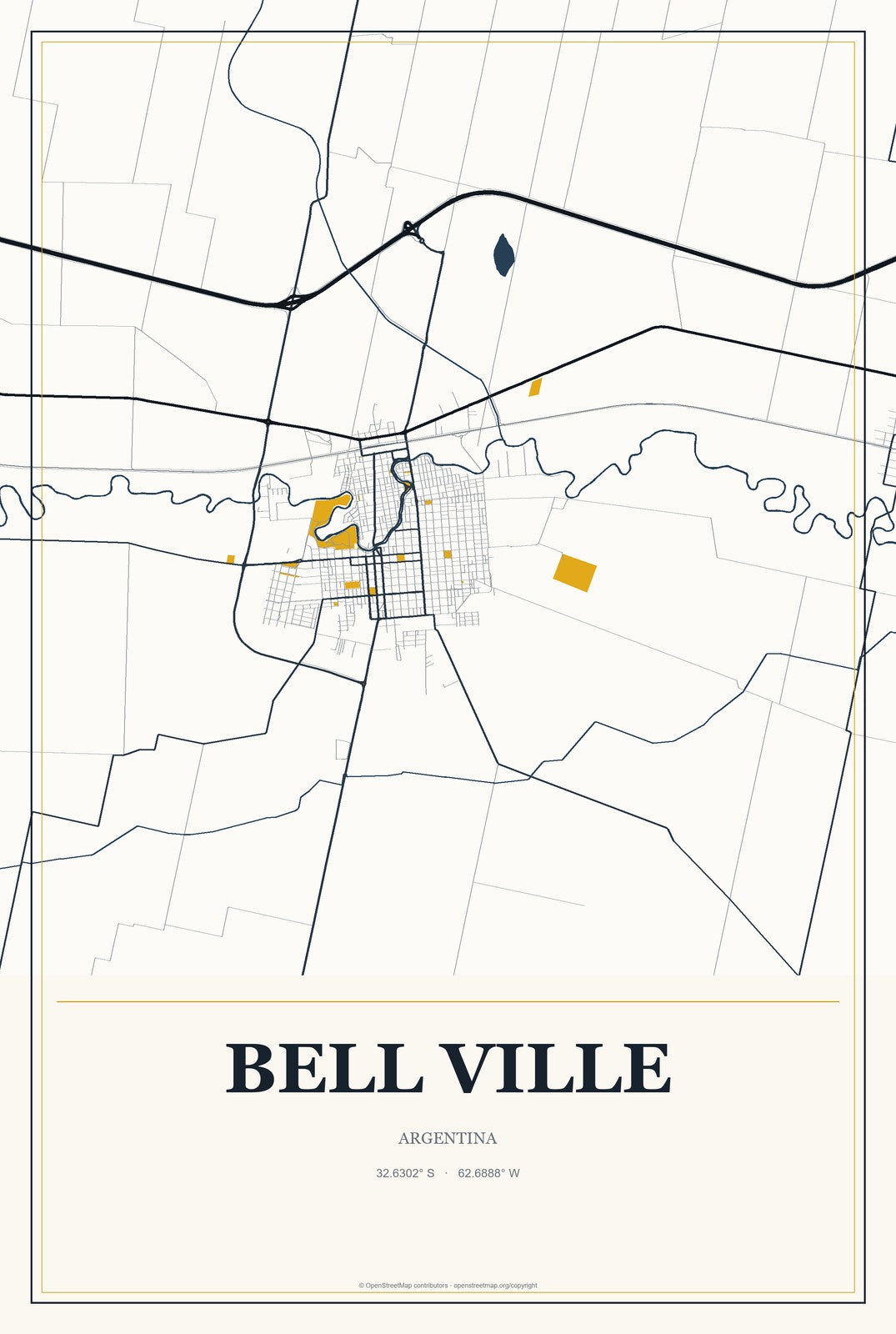 Bell Ville, Argentina City Map Aluminum Sign in Citrine Modern style
