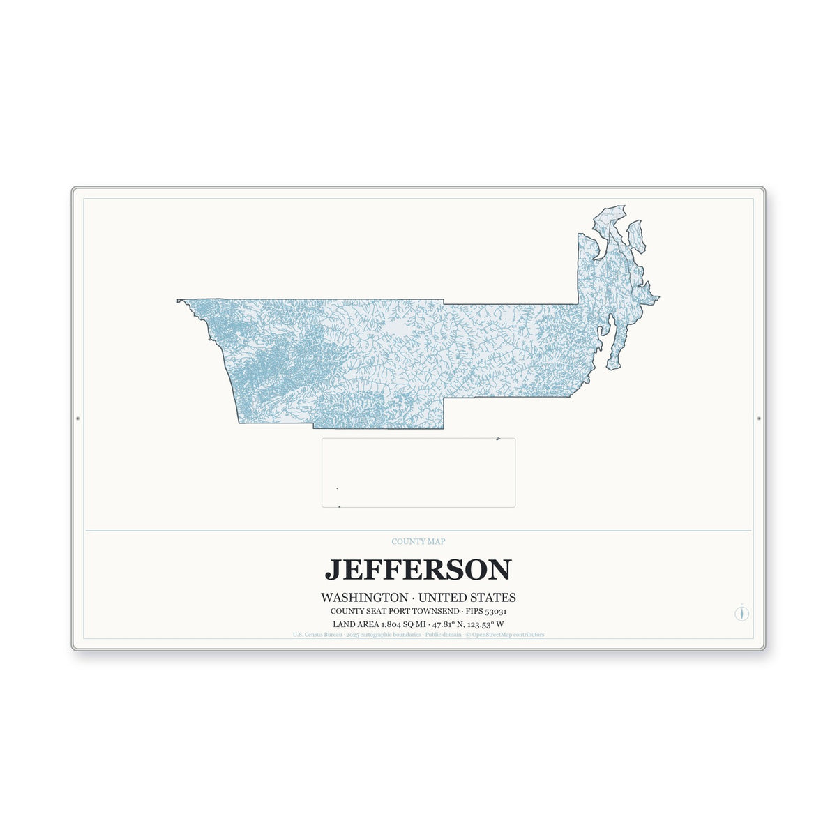 Jefferson County, Washington Map Aluminum Sign in Gallery Air style