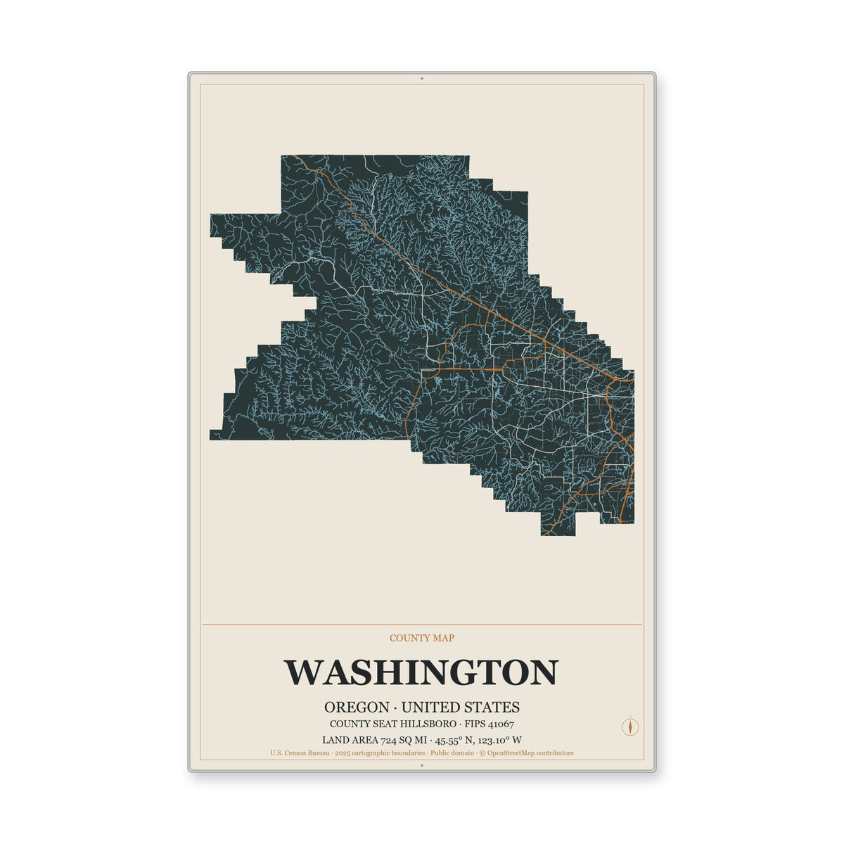 Washington County, Oregon Map Aluminum Sign in Headline Atlas style