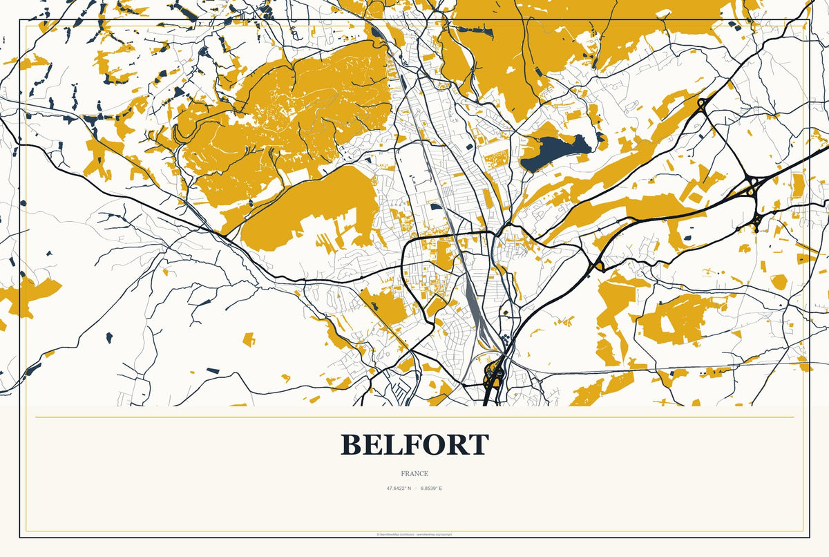 Belfort, France City Map Aluminum Sign in Citrine Modern style