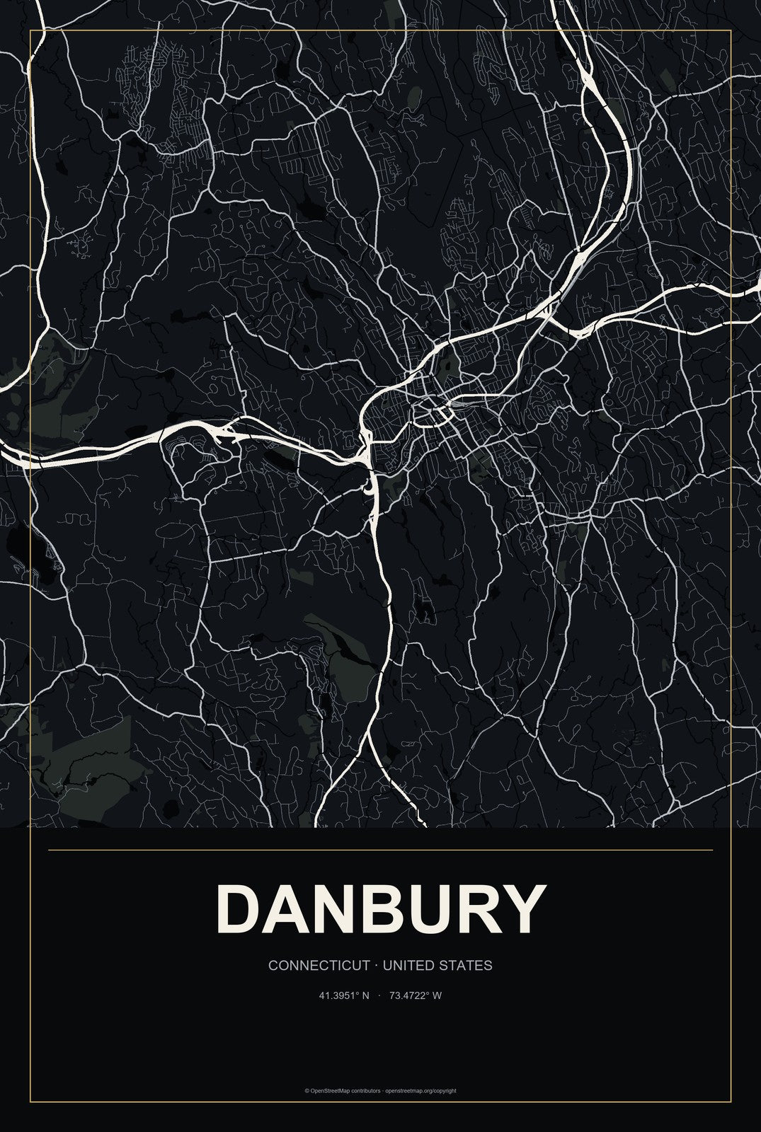 Danbury, Connecticut City Map Aluminum Sign in Metropolitan Noir style