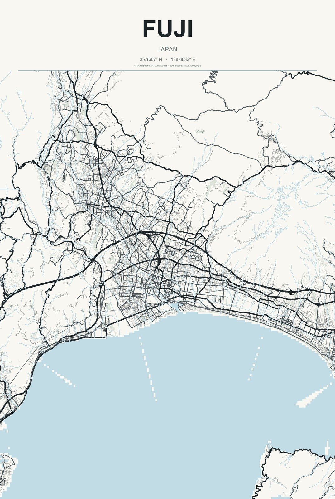 Fuji, Japan City Map Aluminum Sign in Headline Atlas style