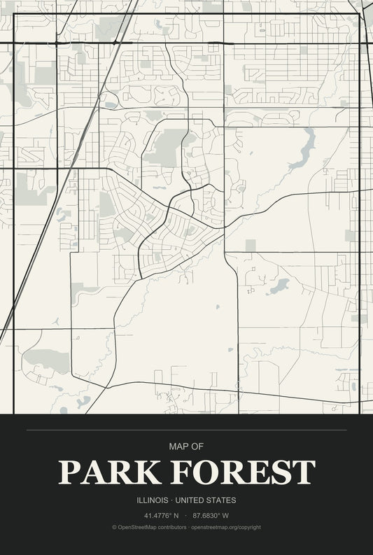 Park Forest, Illinois City Map Aluminum Sign in Museum Plaque style