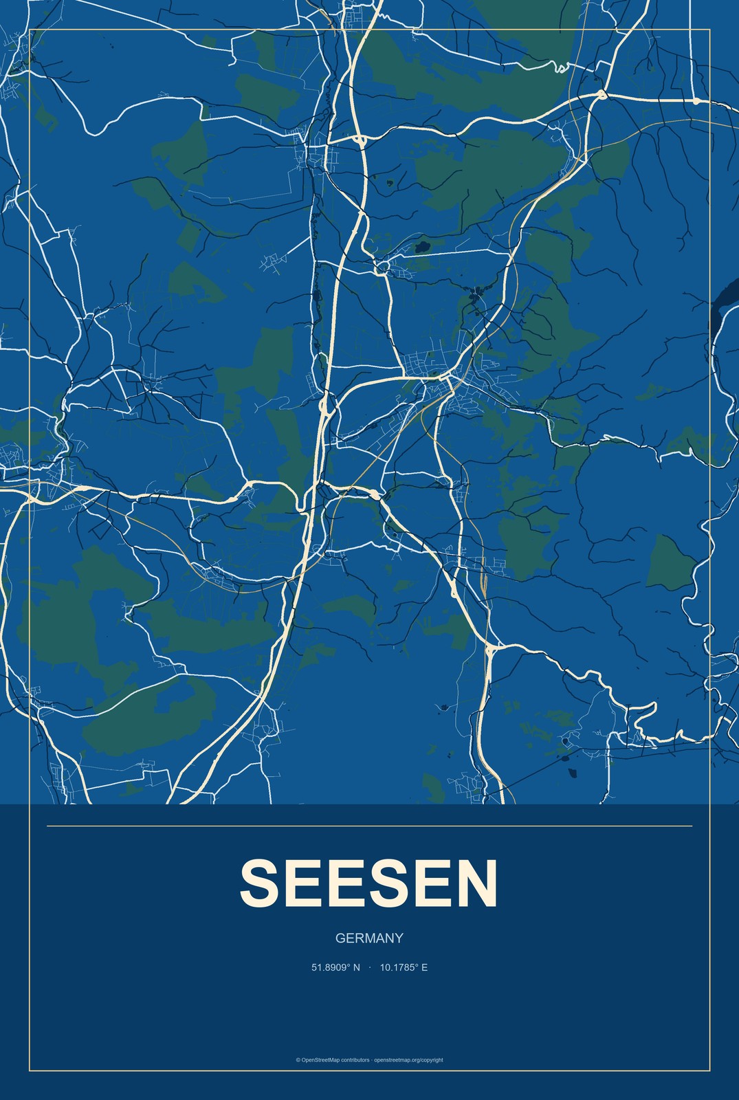 Seesen, Germany City Map Aluminum Sign in Harbor Cobalt style