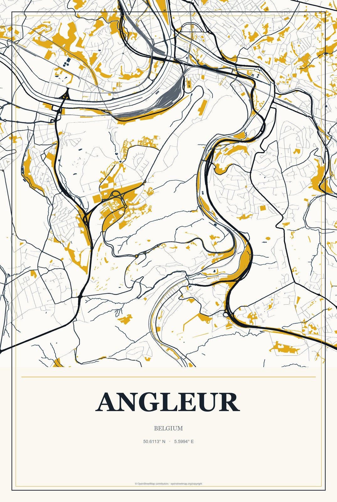 Angleur, Belgium City Map Aluminum Sign in Citrine Modern style