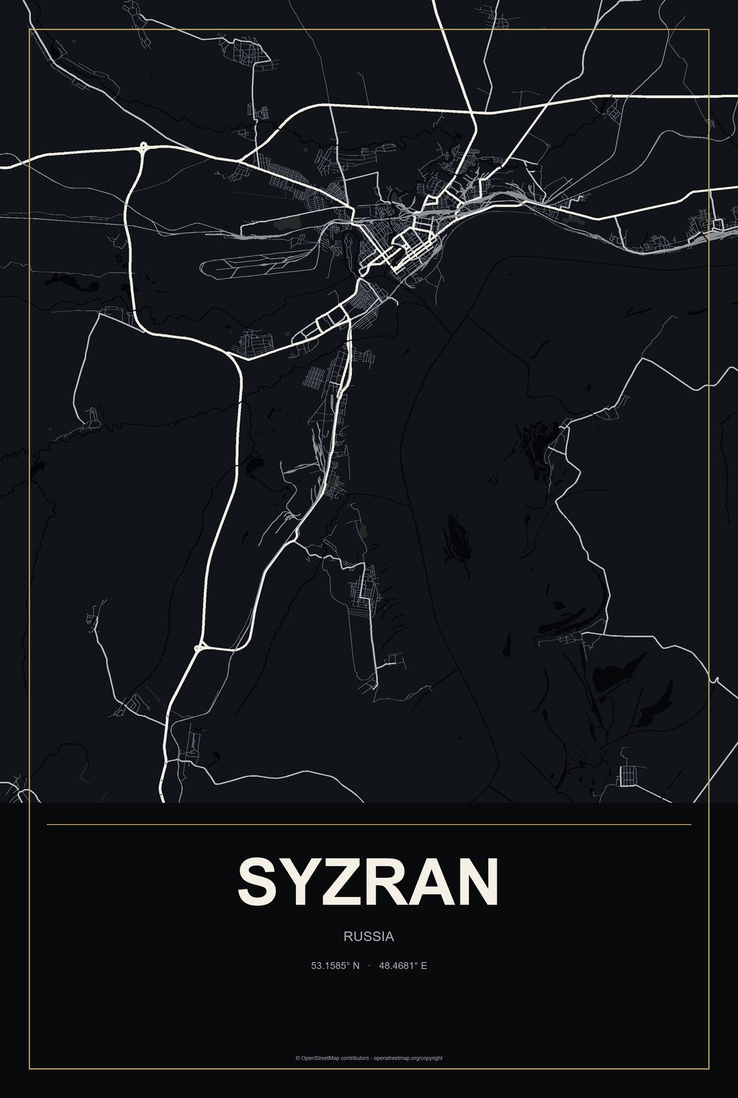 Syzran, Russia City Map Aluminum Sign in Metropolitan Noir style