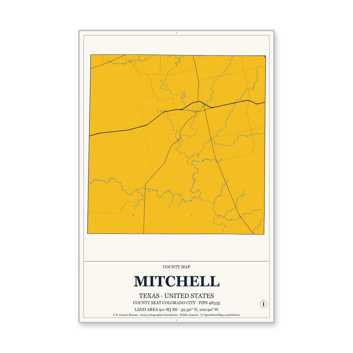 Mitchell County, Texas Map Aluminum Sign in Citrine Modern style