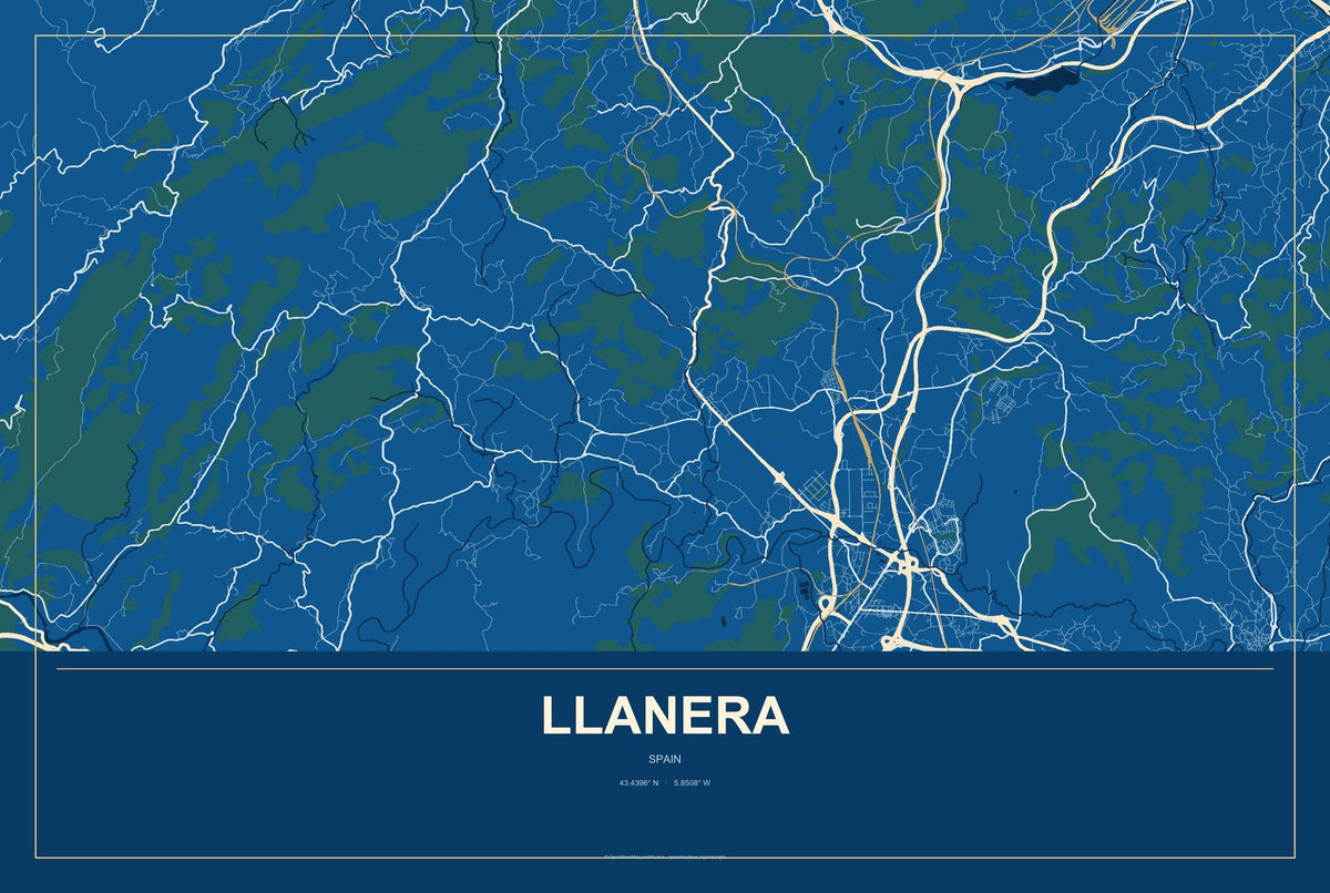 Llanera, Spain City Map Aluminum Sign in Harbor Cobalt style