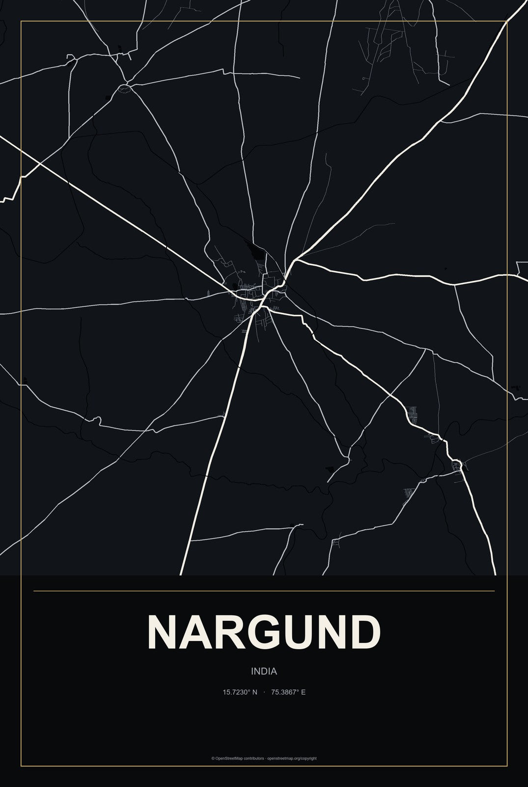 Nargund, India City Map Aluminum Sign in Metropolitan Noir style