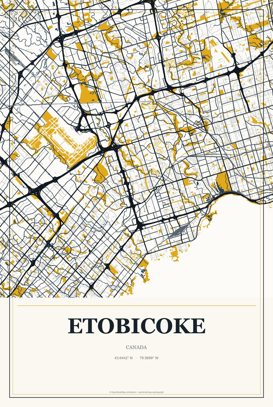Etobicoke, Canada City Map Aluminum Sign in Citrine Modern style
