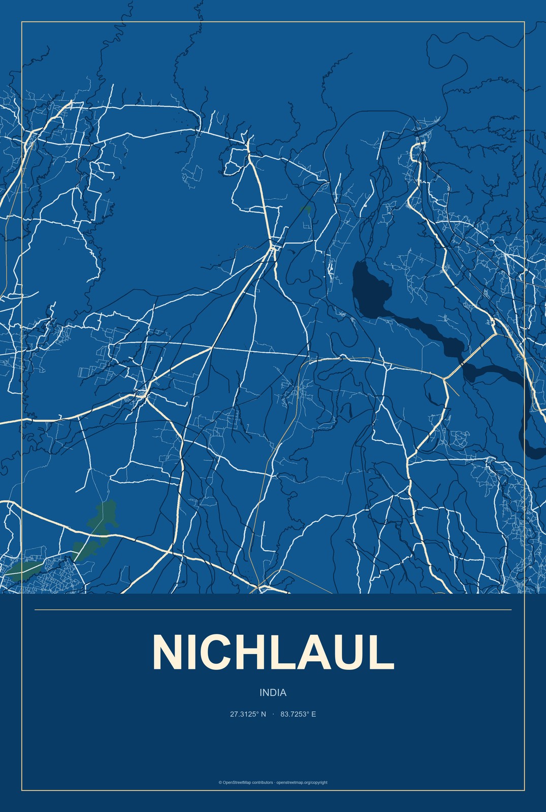 Nichlaul, India City Map Aluminum Sign in Harbor Cobalt style