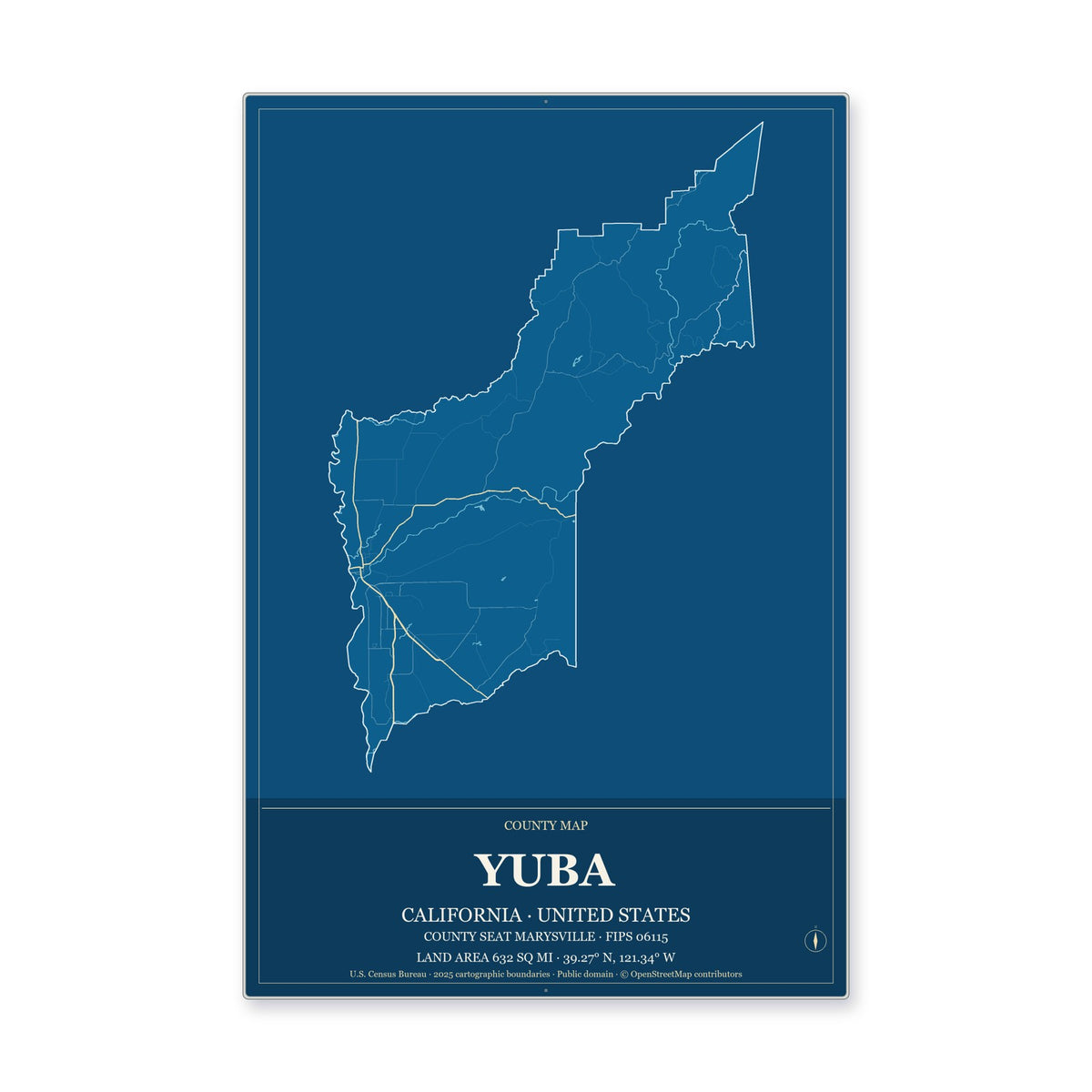 Yuba County, California Map Aluminum Sign in Harbor Cobalt style